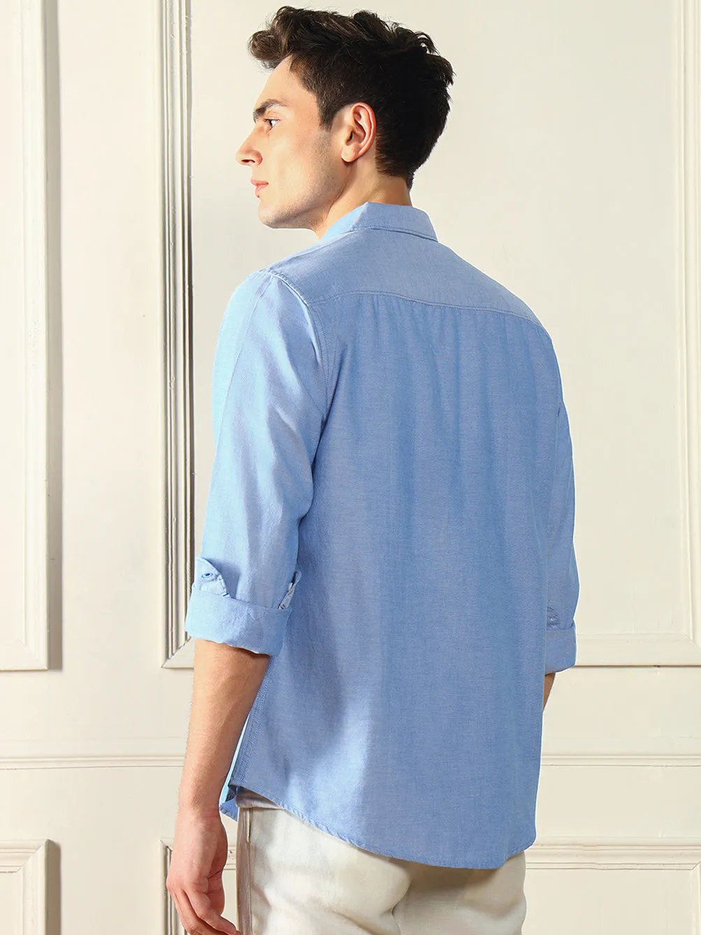 Men's Button Down Collar Regular Fit Solid Blue Casual Shirt