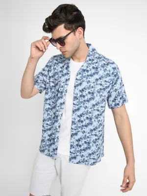 Men's Cuban Collar Regular Fit Print Blue Casual Shirts