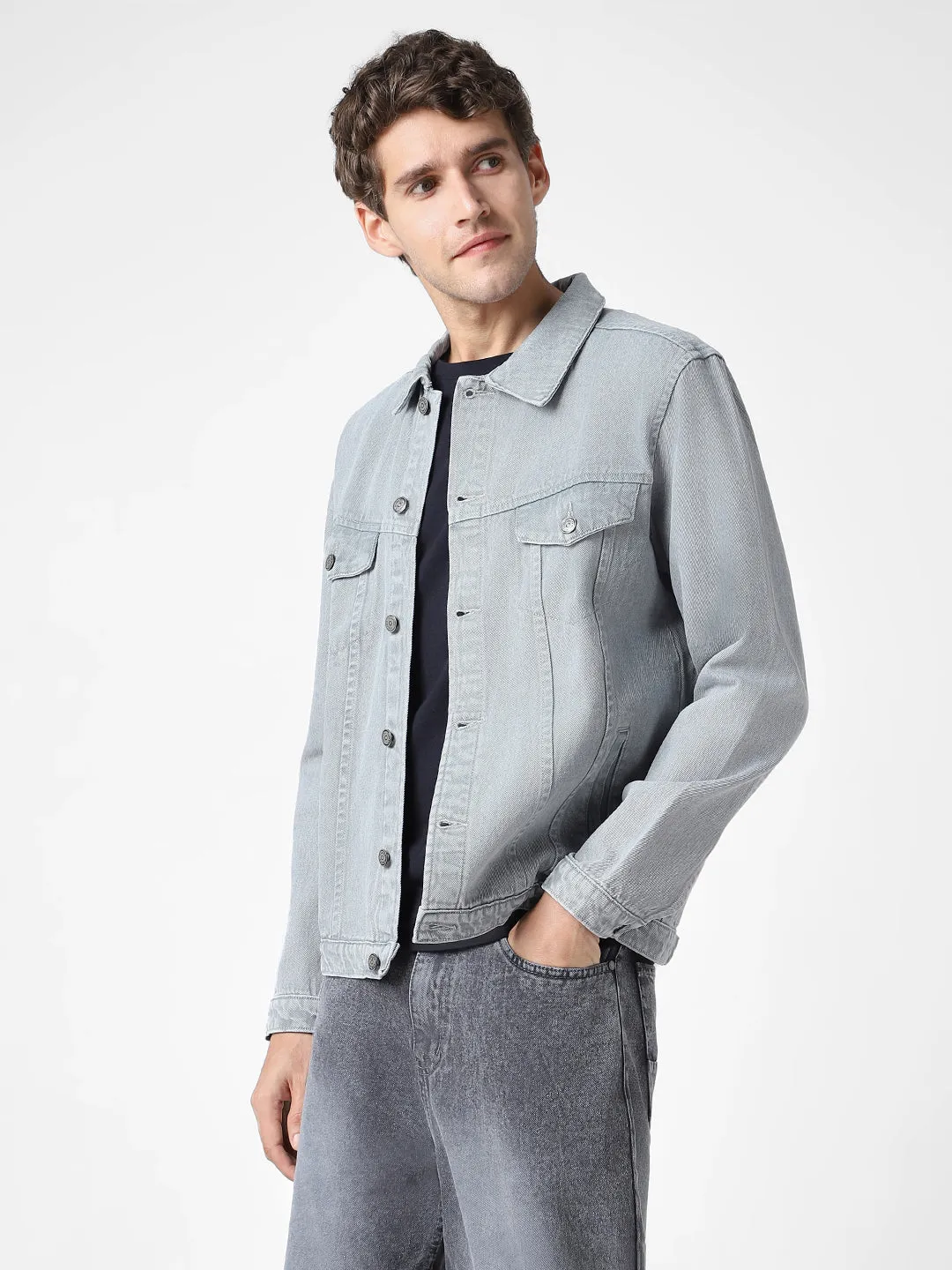 Men's Light Grey Regular Fit Washed Full Sleeve Denim Jacket