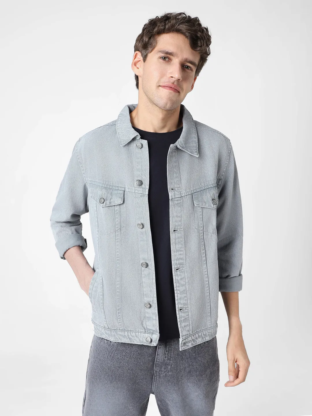 Men's Light Grey Regular Fit Washed Full Sleeve Denim Jacket