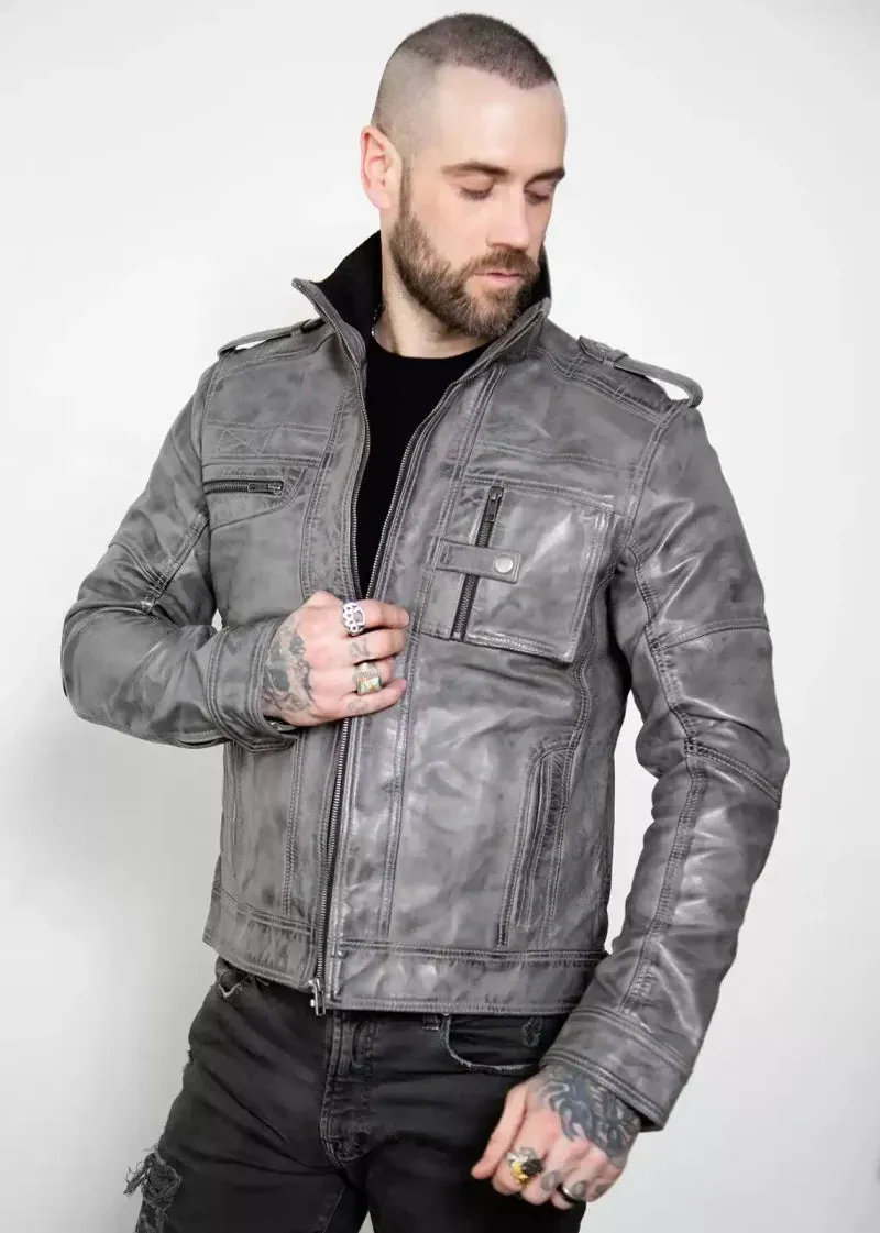 Men's Military Style Distressed Gray Leather Jacket