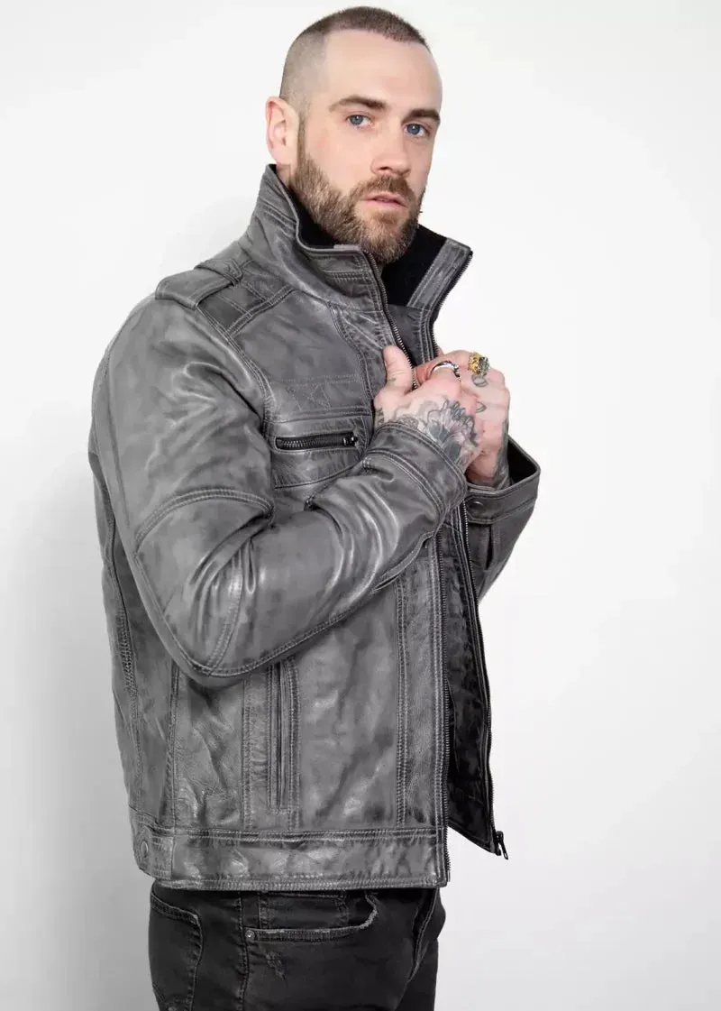 Men's Military Style Distressed Gray Leather Jacket