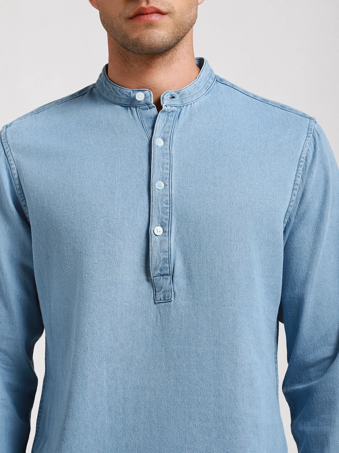 Men's Pop Over Mandarin Collar Slim Fit Washed Blue Denim Shirt