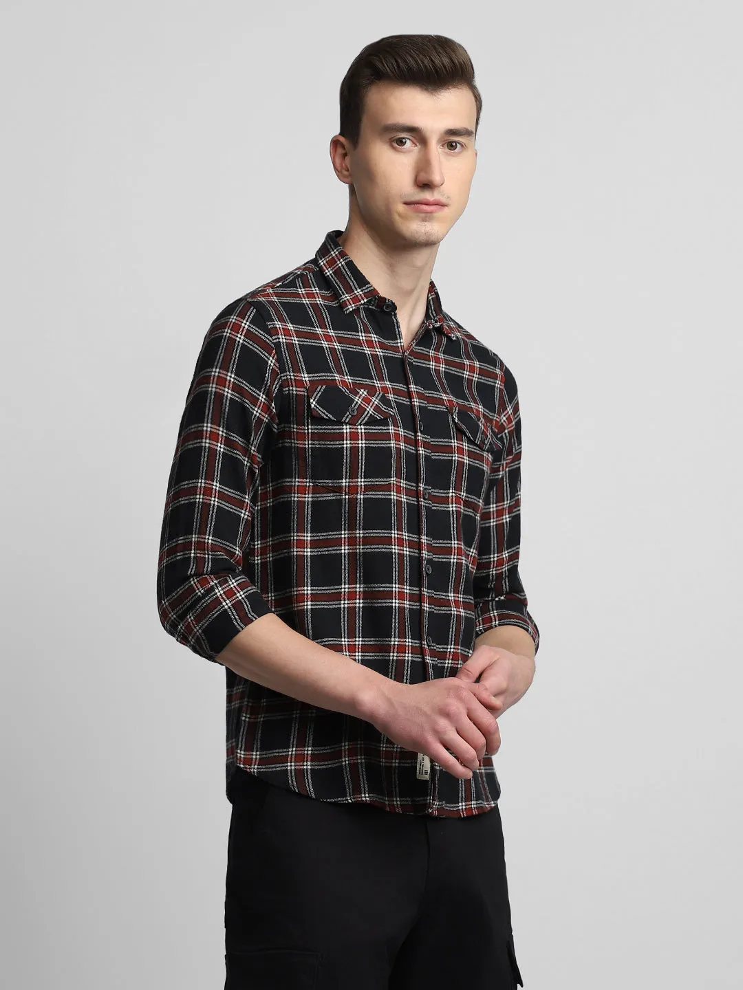 Men's Regular Collar Regular Fit Checks Black Casual Shirts