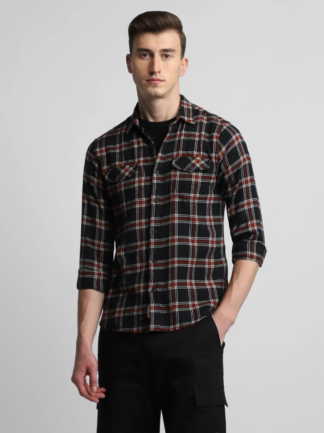 Men's Regular Collar Regular Fit Checks Black Casual Shirts