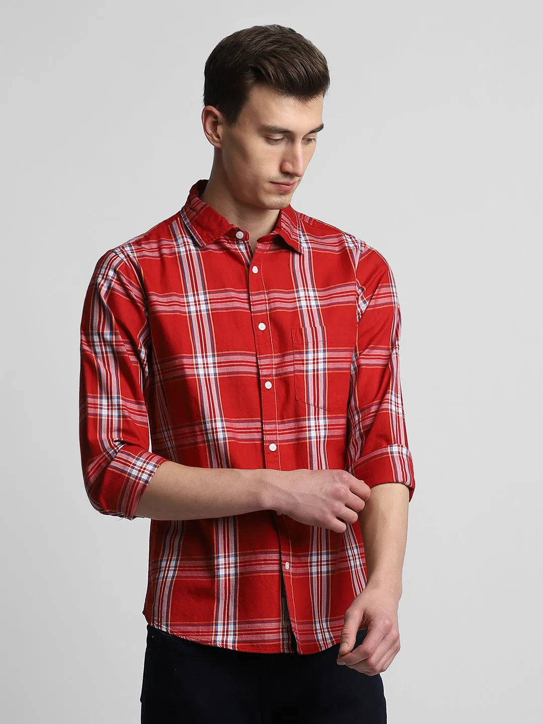 Men's Regular Collar Slim Fit Checks Red Casual Shirts