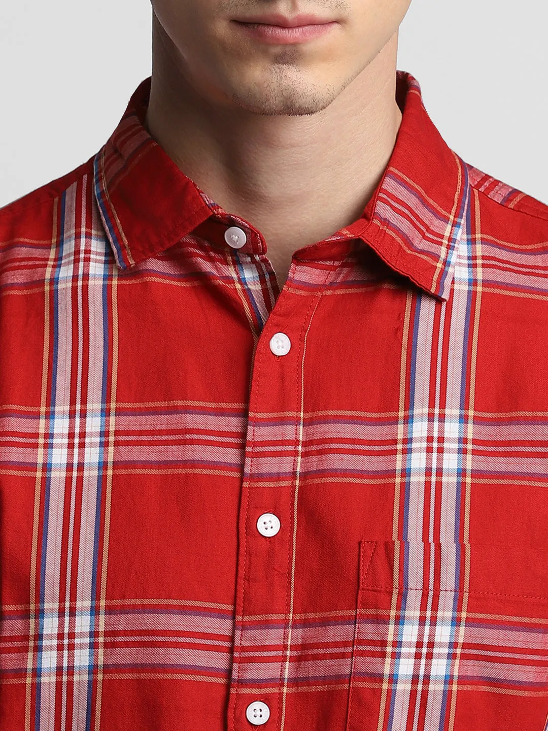 Men's Regular Collar Slim Fit Checks Red Casual Shirts