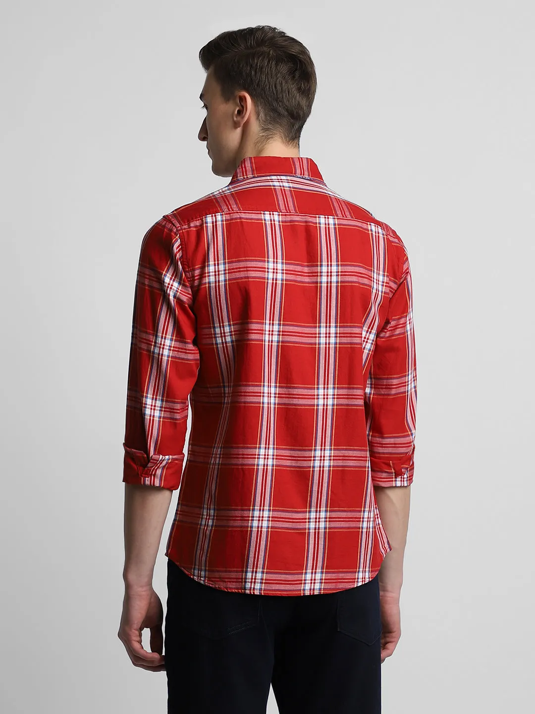 Men's Regular Collar Slim Fit Checks Red Casual Shirts