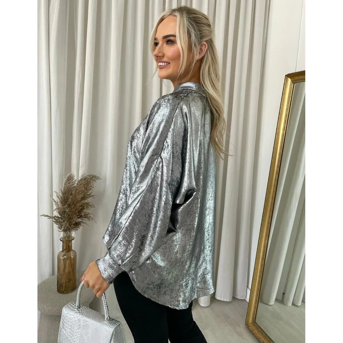 Metallic V-Neck Oversized Top