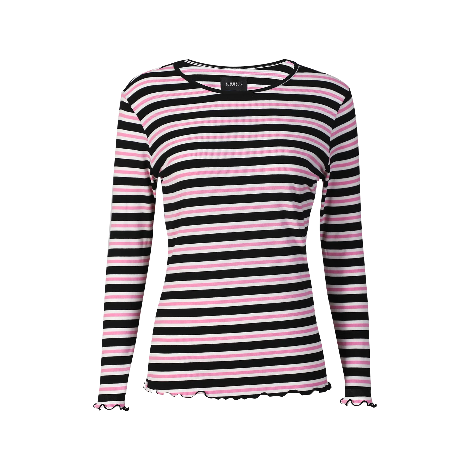 NATALIA LS ROUND NECK  BLOUSE - BLACK BUBBLEGUM WHITE STRIPE