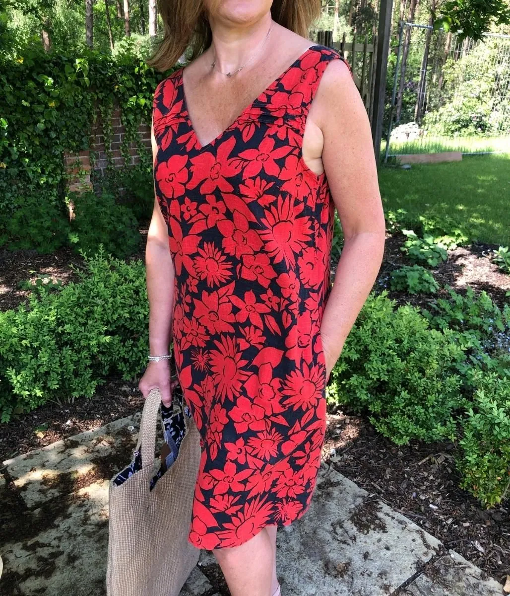 Navy & Red Floral Linen Blend Dress