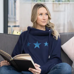 Navy Glitter Triple Star Cowl Neck Hoodie