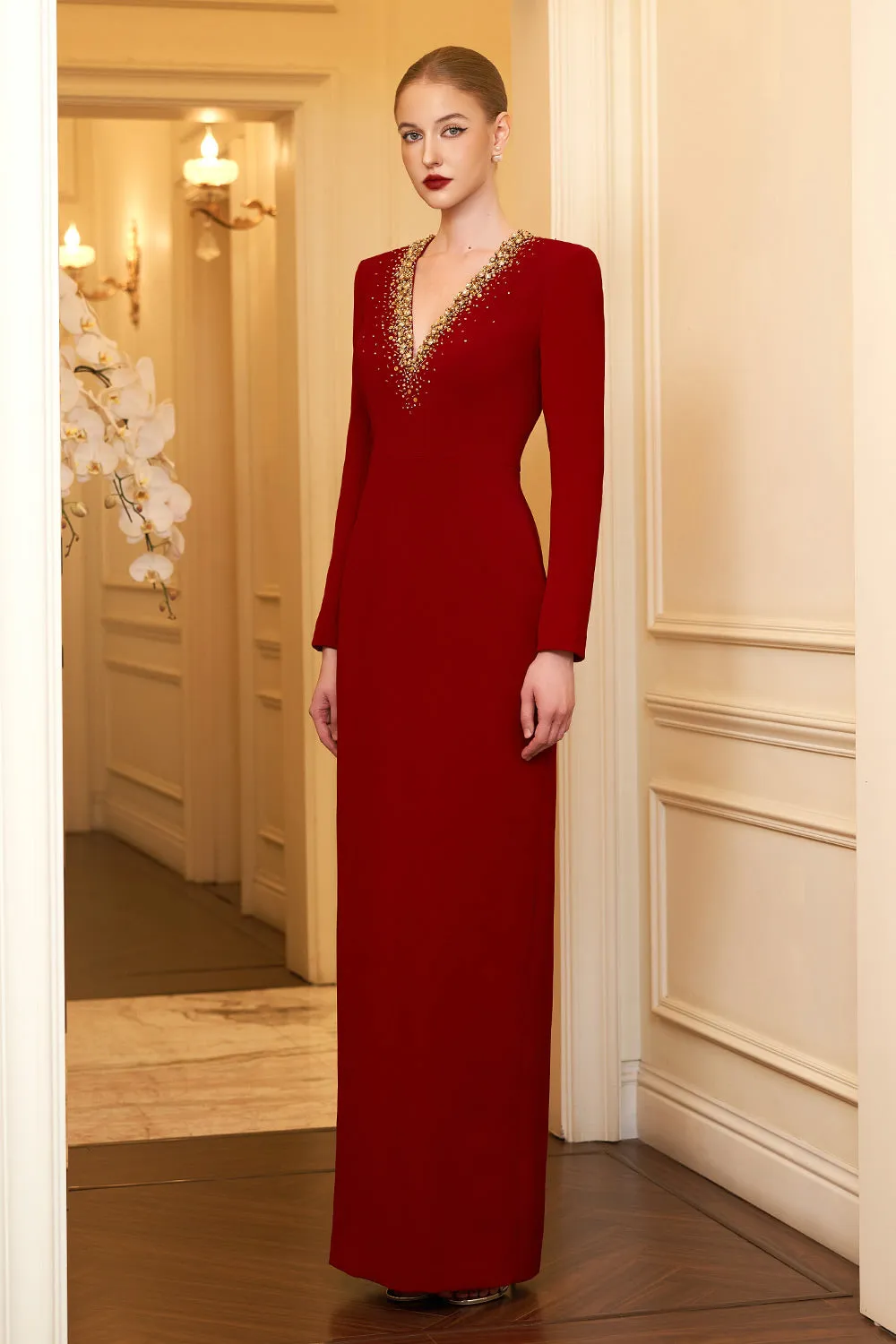 Paris Sheath Plunge Neck Crepe Floor Length Dress