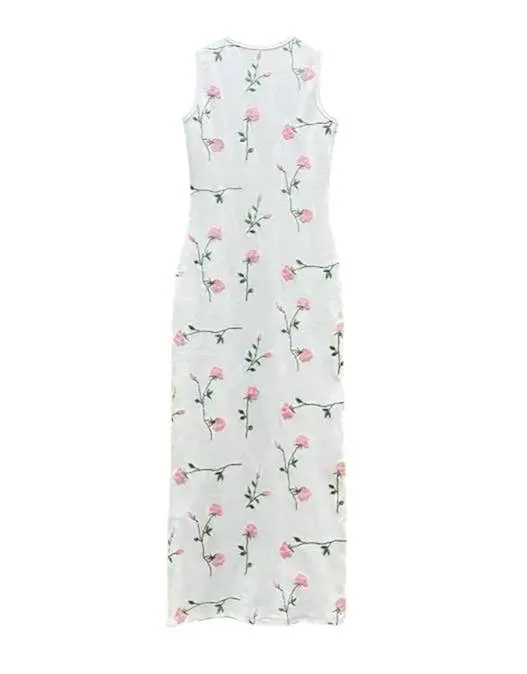 Pink Rose Sleeveless Knit Cotton White Dress