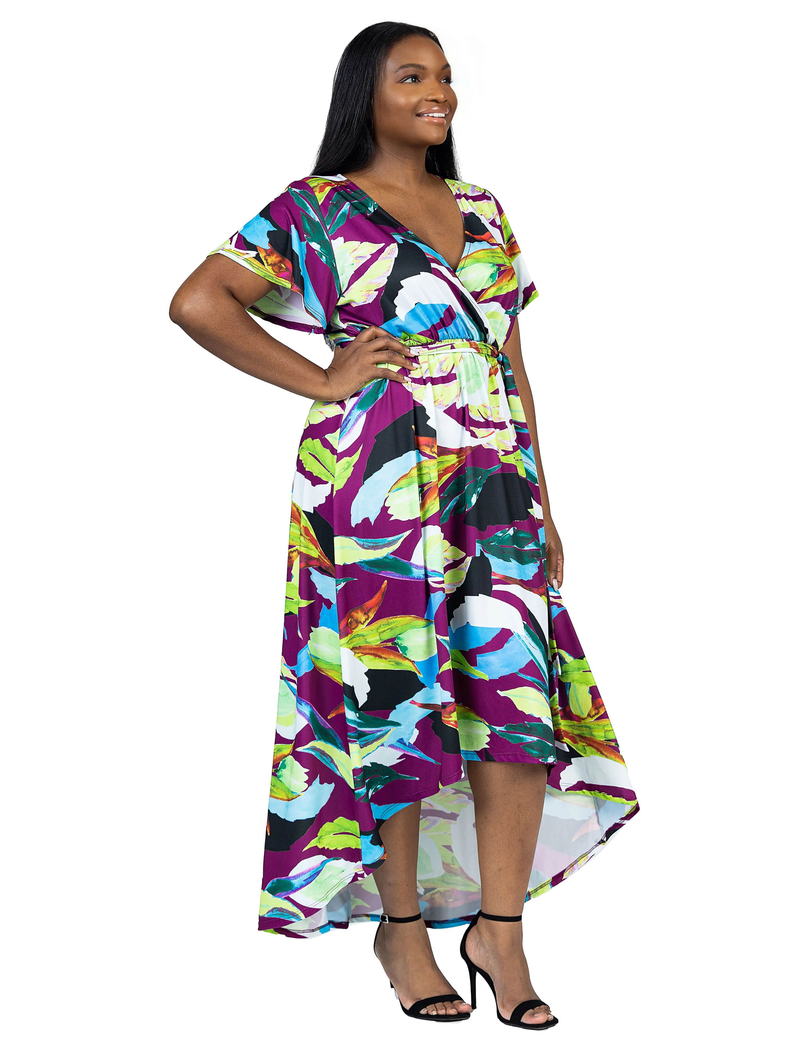 Plus Size Colorful Floral V Neck Belted High Low Faux Wrap Dress