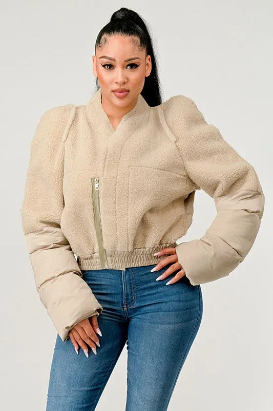 Plush Puff Sleeve Bomber Jacket