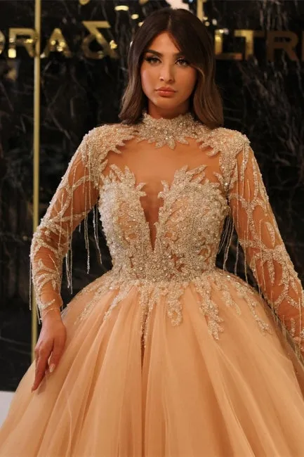 Princess Long Gold High Neck A-line Beading Evening Dresses With Long Sleeves