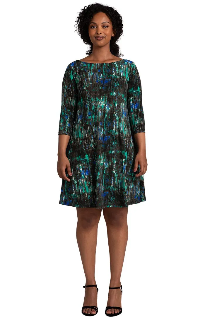 Print Nu Trapeze Dress, 3/4 Sleeve