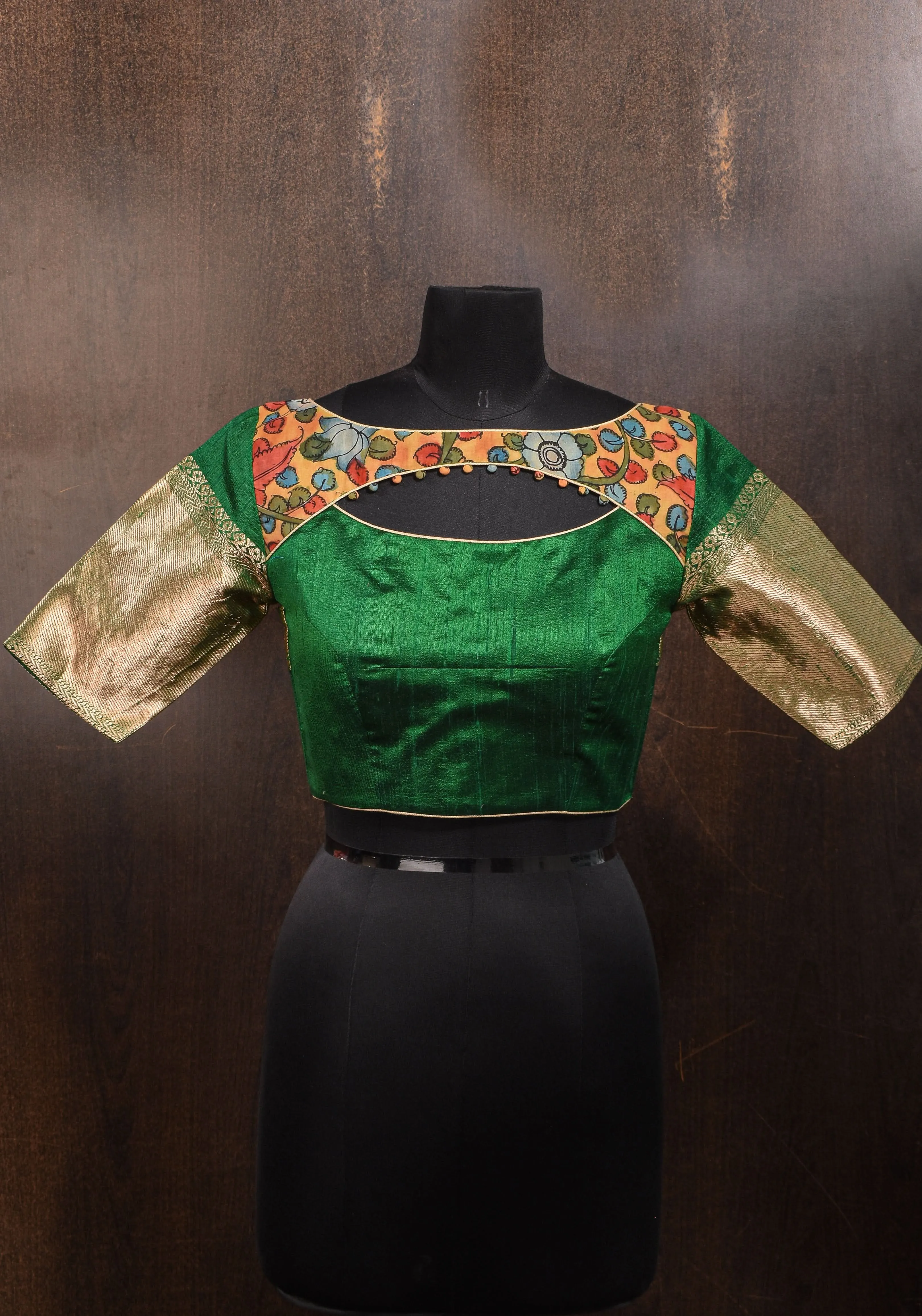 Pure Raw Silk Blouse in Emerlad Green with Kalamkari Yoke Cutout pattern