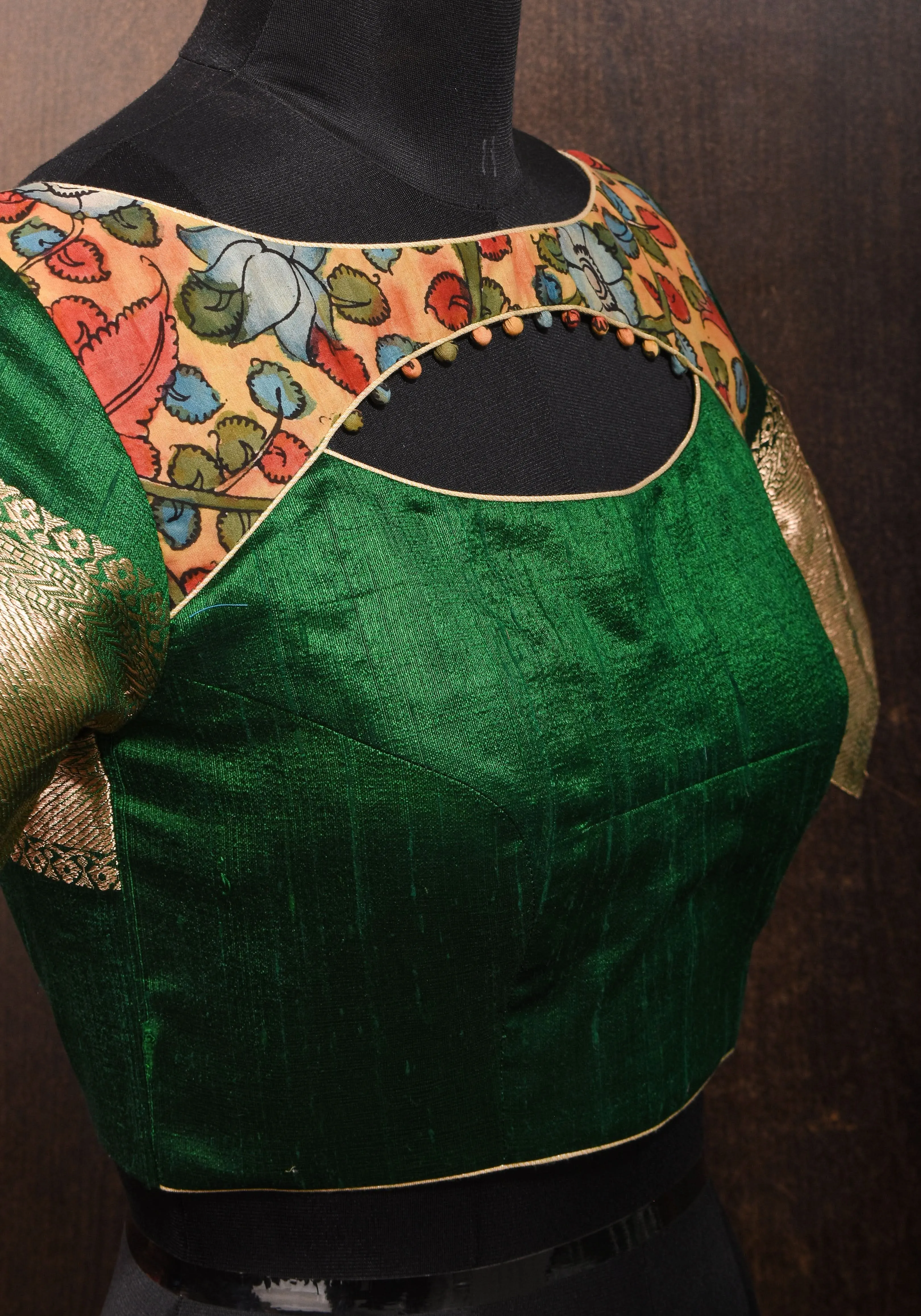 Pure Raw Silk Blouse in Emerlad Green with Kalamkari Yoke Cutout pattern