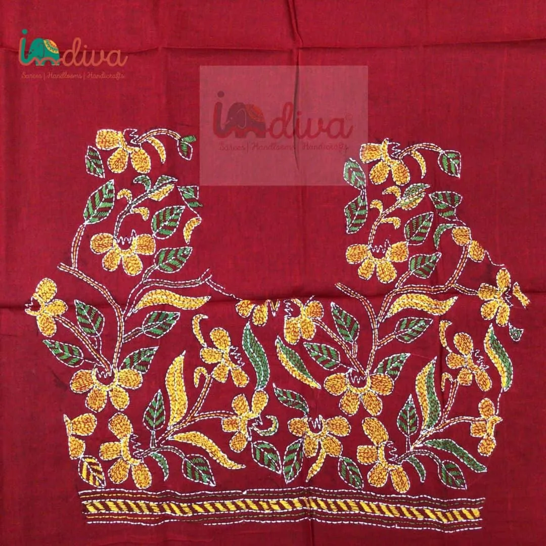 Red Kantha Blouse Fabric With Orange & Green Motifs