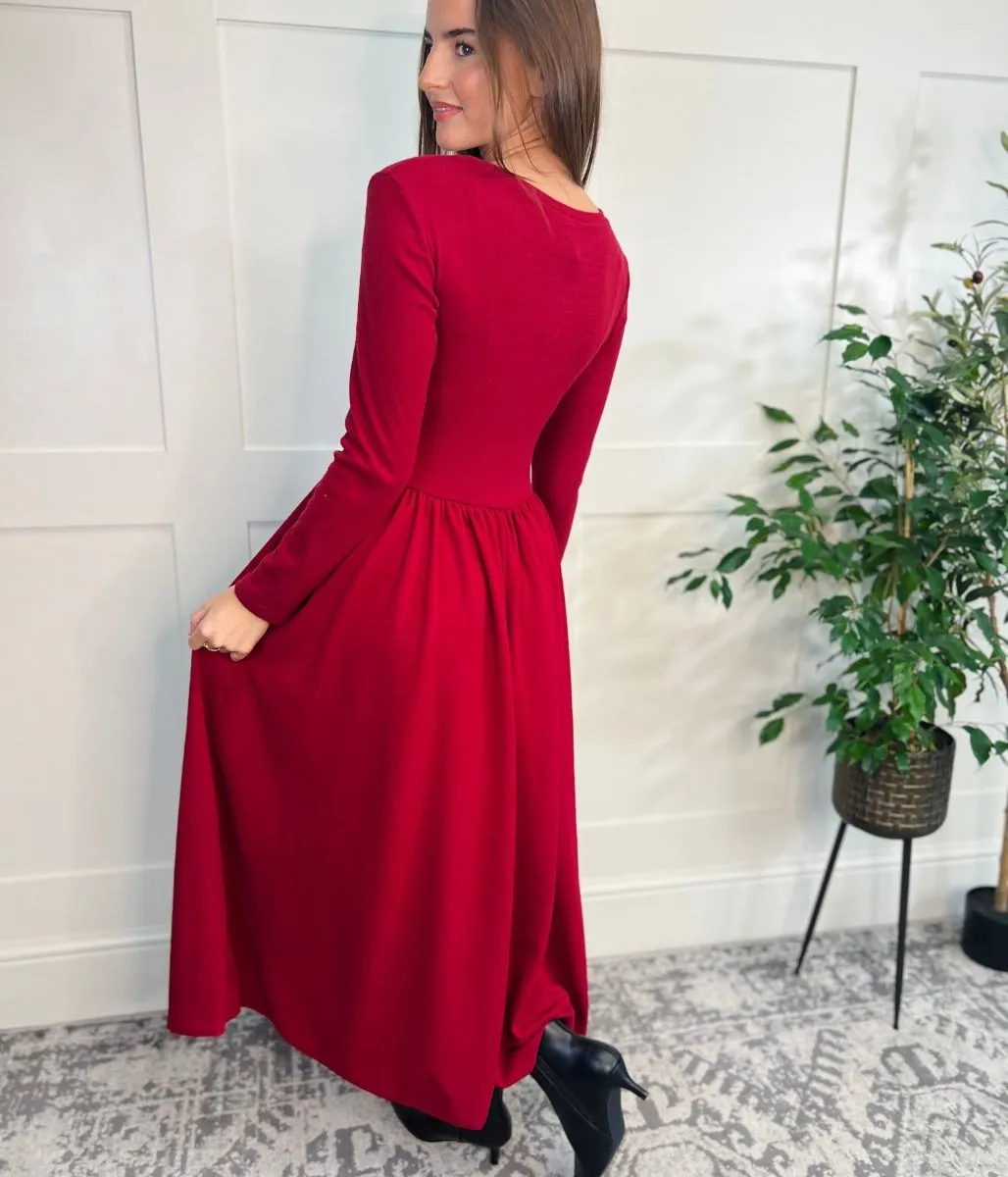 Red Knitted Bodice Midi Dress