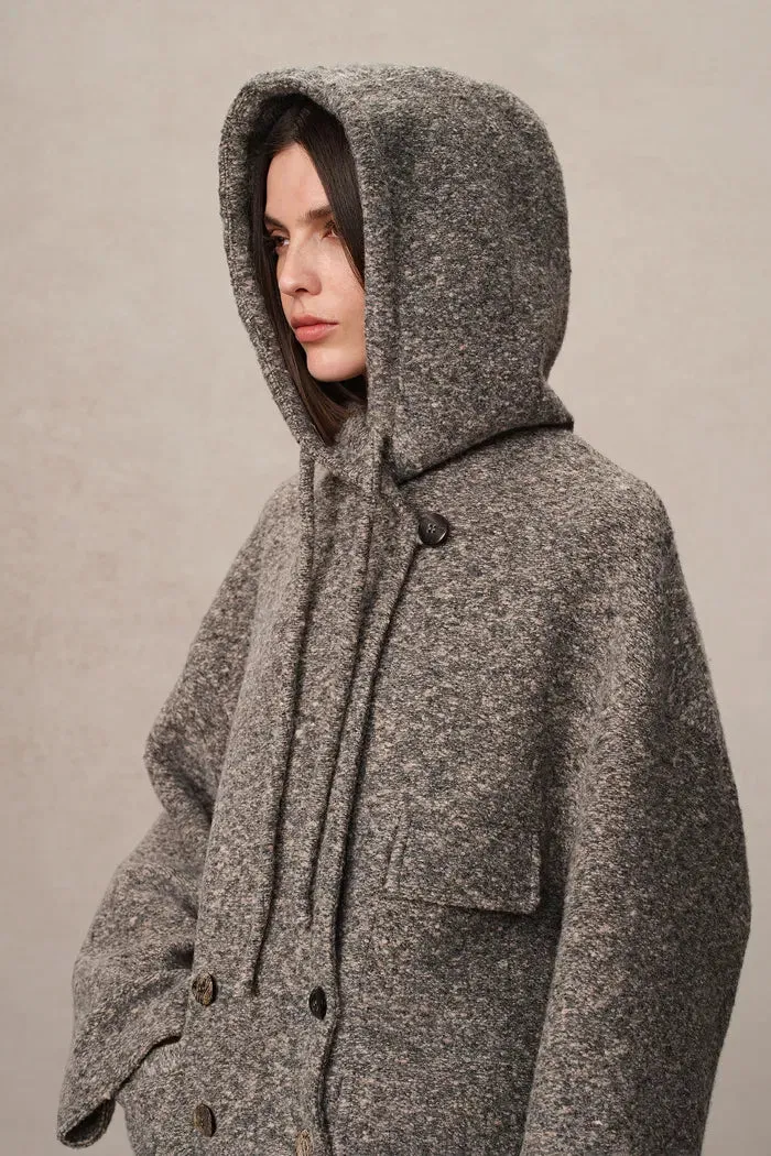 Rue Hooded Long Coat in Ultra-Light Wool Bouclé