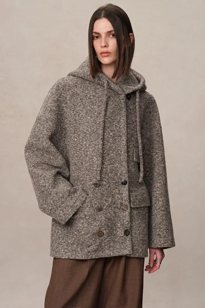 Rue Hooded Long Coat in Ultra-Light Wool Bouclé