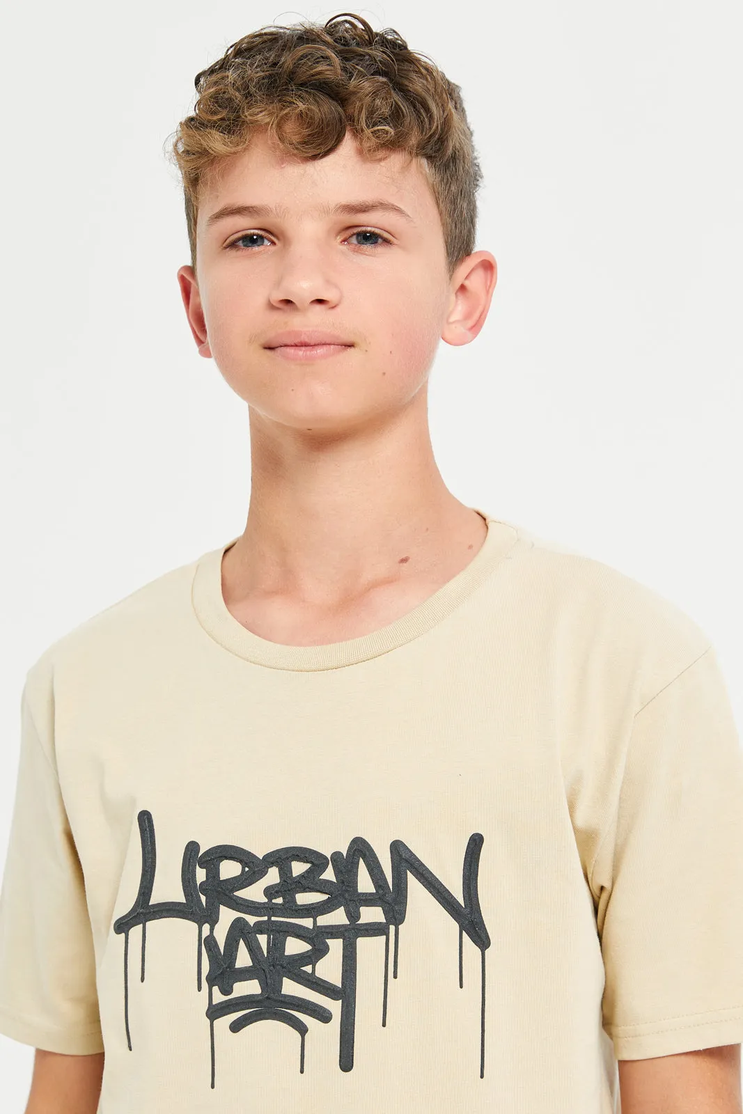 Senior Boys Beige Urban Print T-Shirt