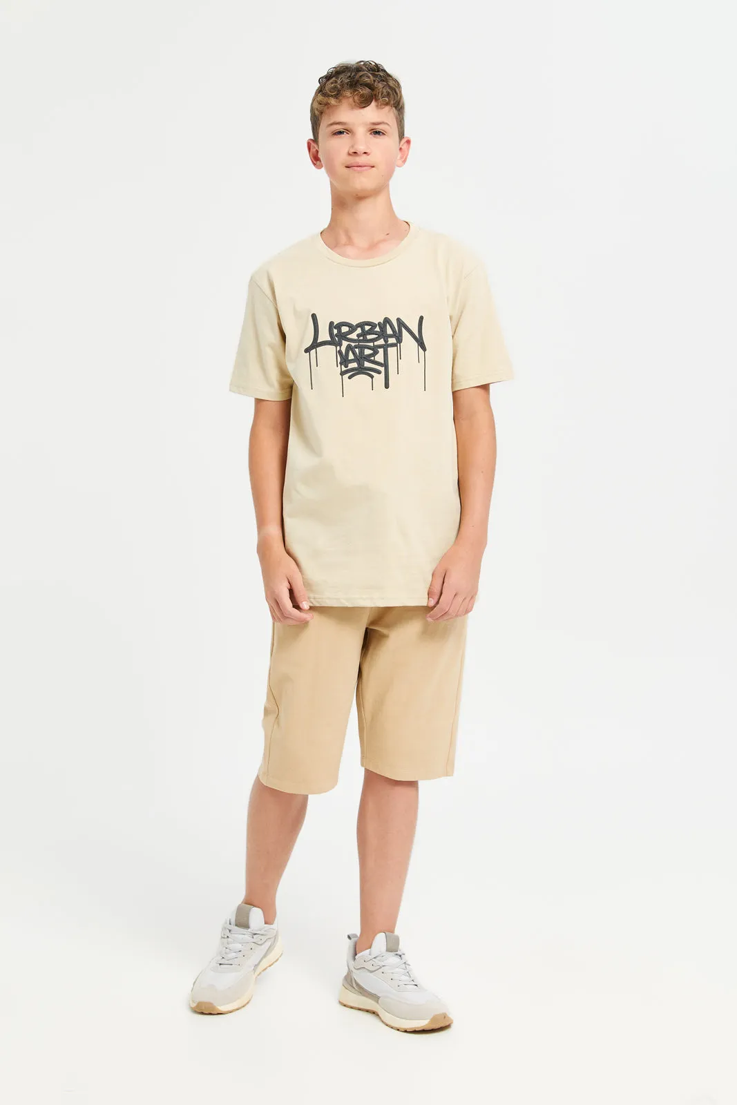 Senior Boys Beige Urban Print T-Shirt