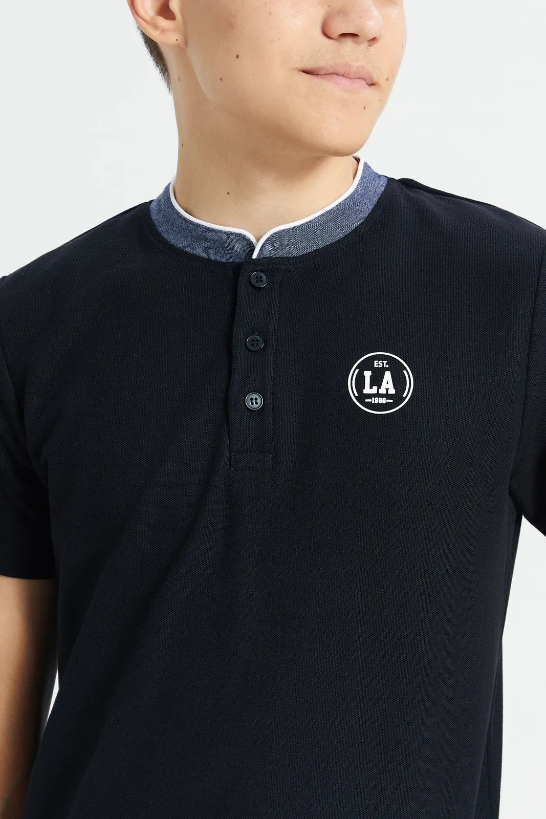 Senior Boys Black Mandarin Collar Polo Shirt