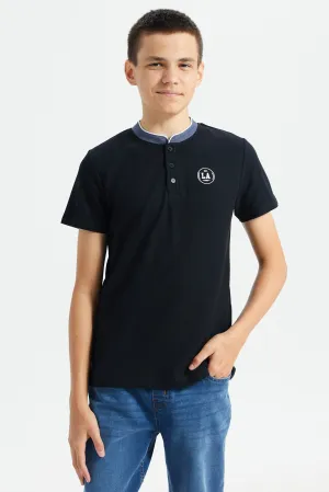 Senior Boys Black Mandarin Collar Polo Shirt