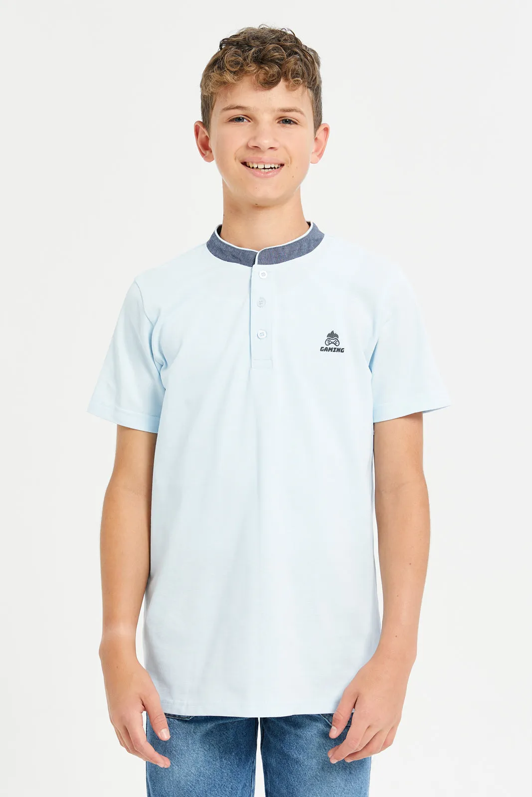 Senior Boys Blue Printed Polo Shirt