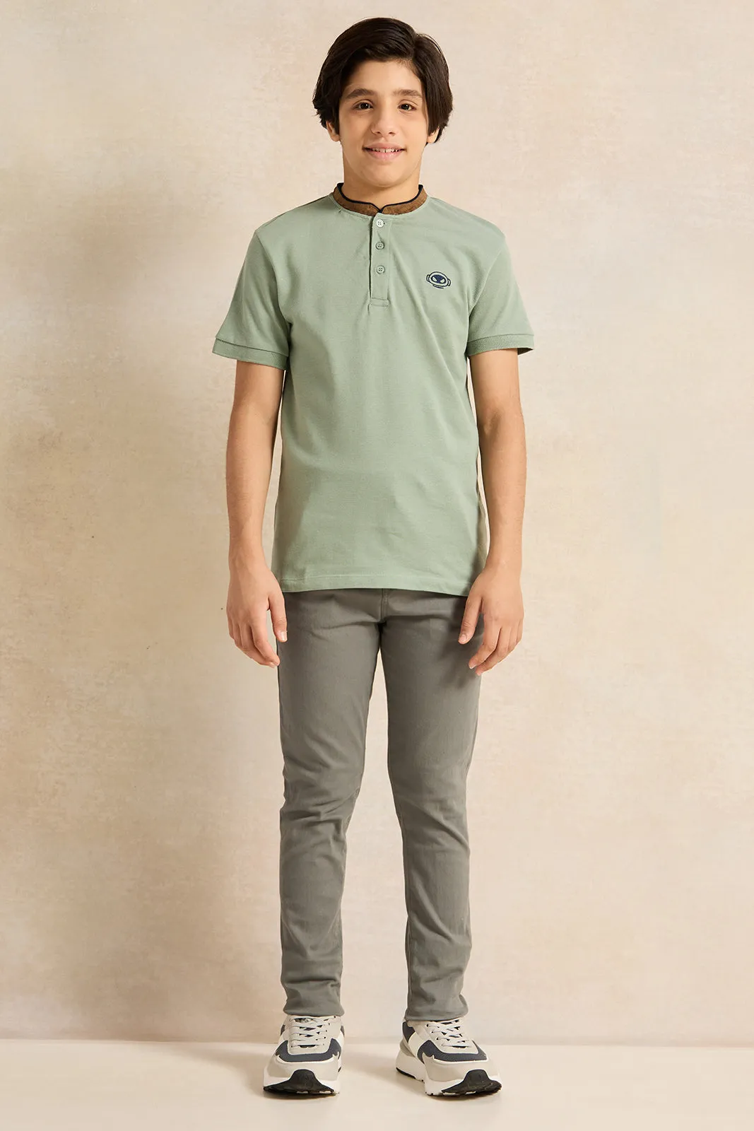 Senior Boys Green Embellished Polo Shirt