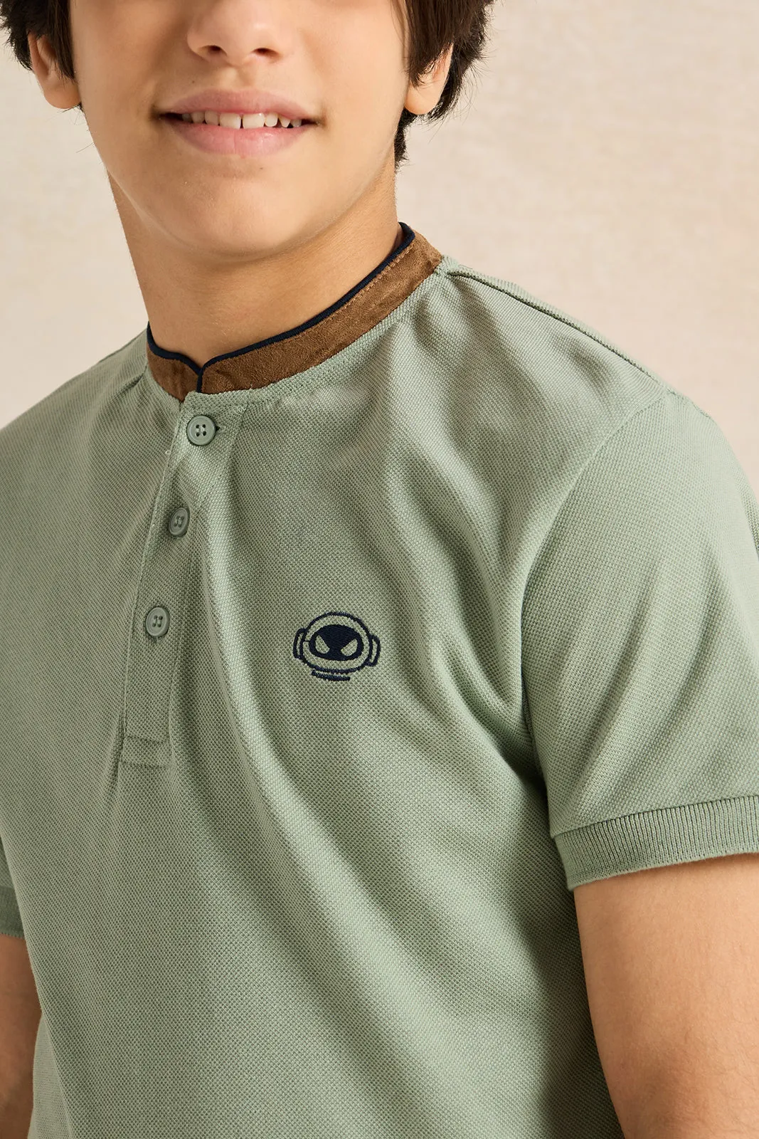 Senior Boys Green Embellished Polo Shirt