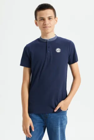 Senior Boys Navy Mandarin Collar Polo Shirt