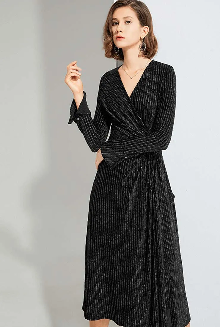 Sexy V-neck Black Velvet Maxi Wrap Dress