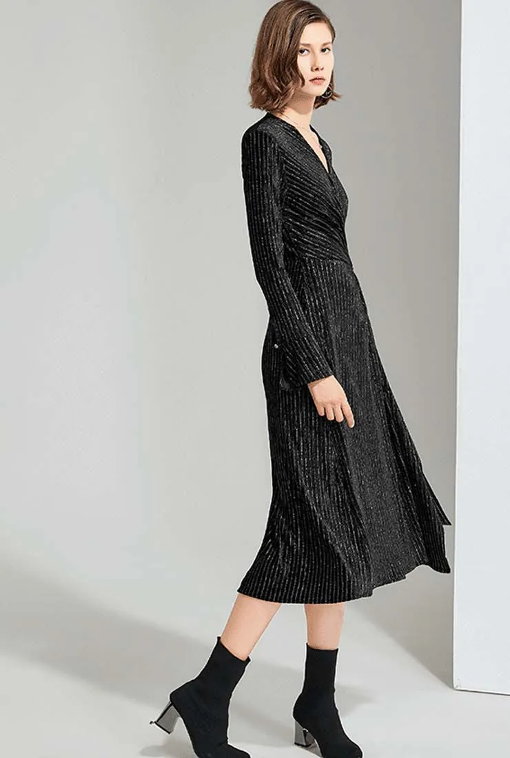 Sexy V-neck Black Velvet Maxi Wrap Dress