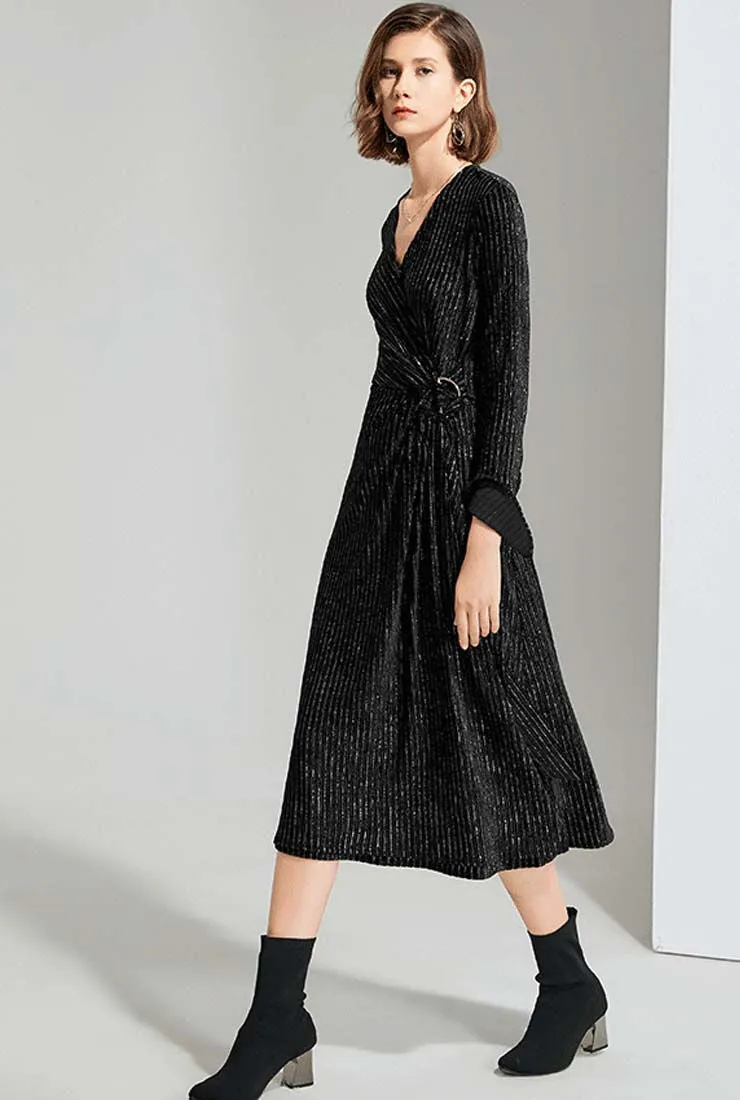 Sexy V-neck Black Velvet Maxi Wrap Dress