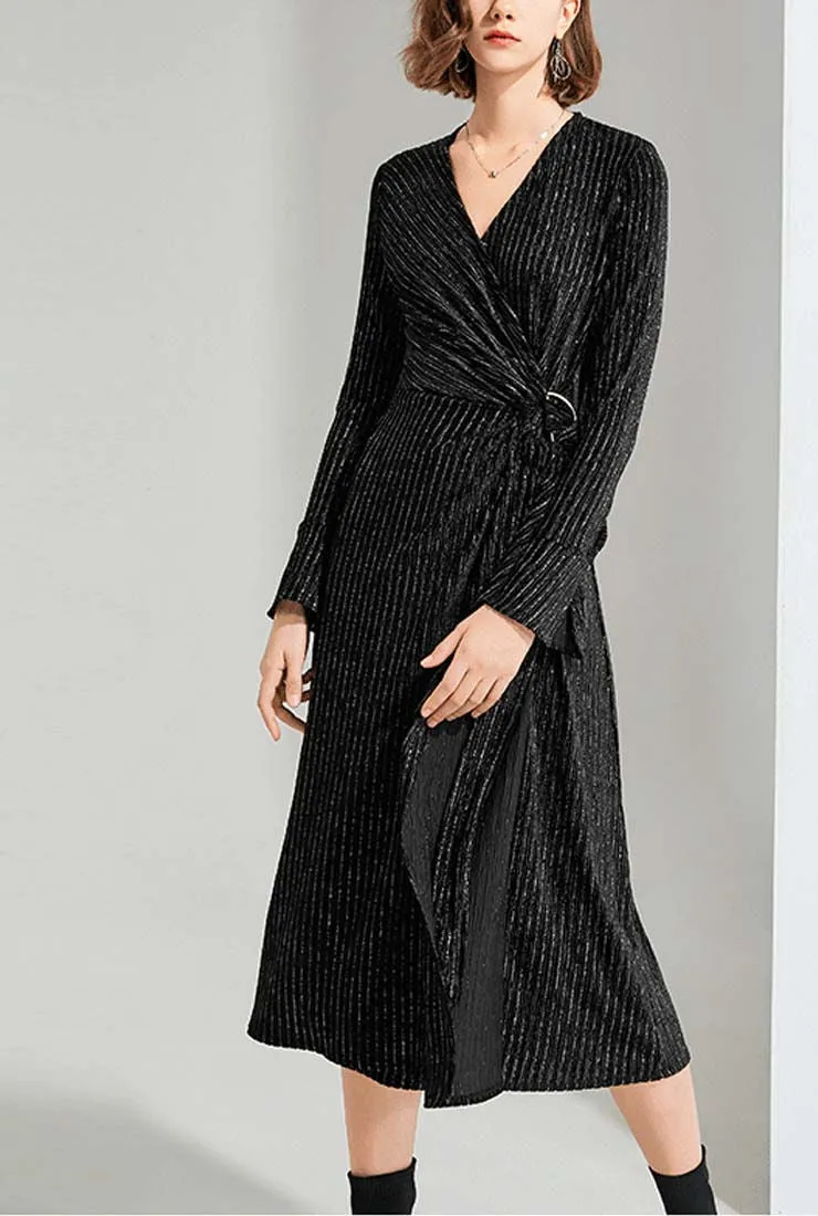 Sexy V-neck Black Velvet Maxi Wrap Dress