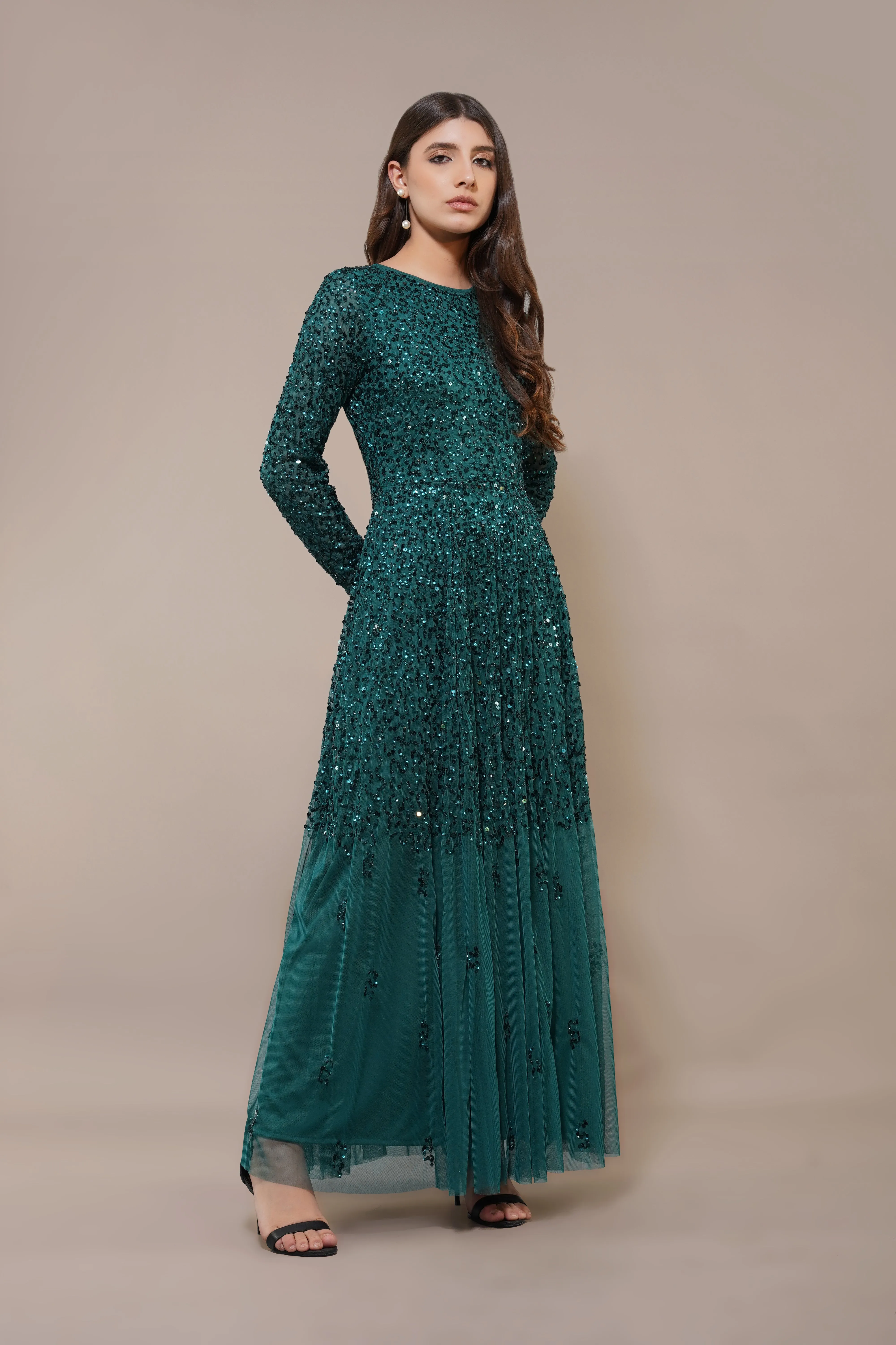 Sila Long Sleeve Embellished Maxi Dress in Emerald Green