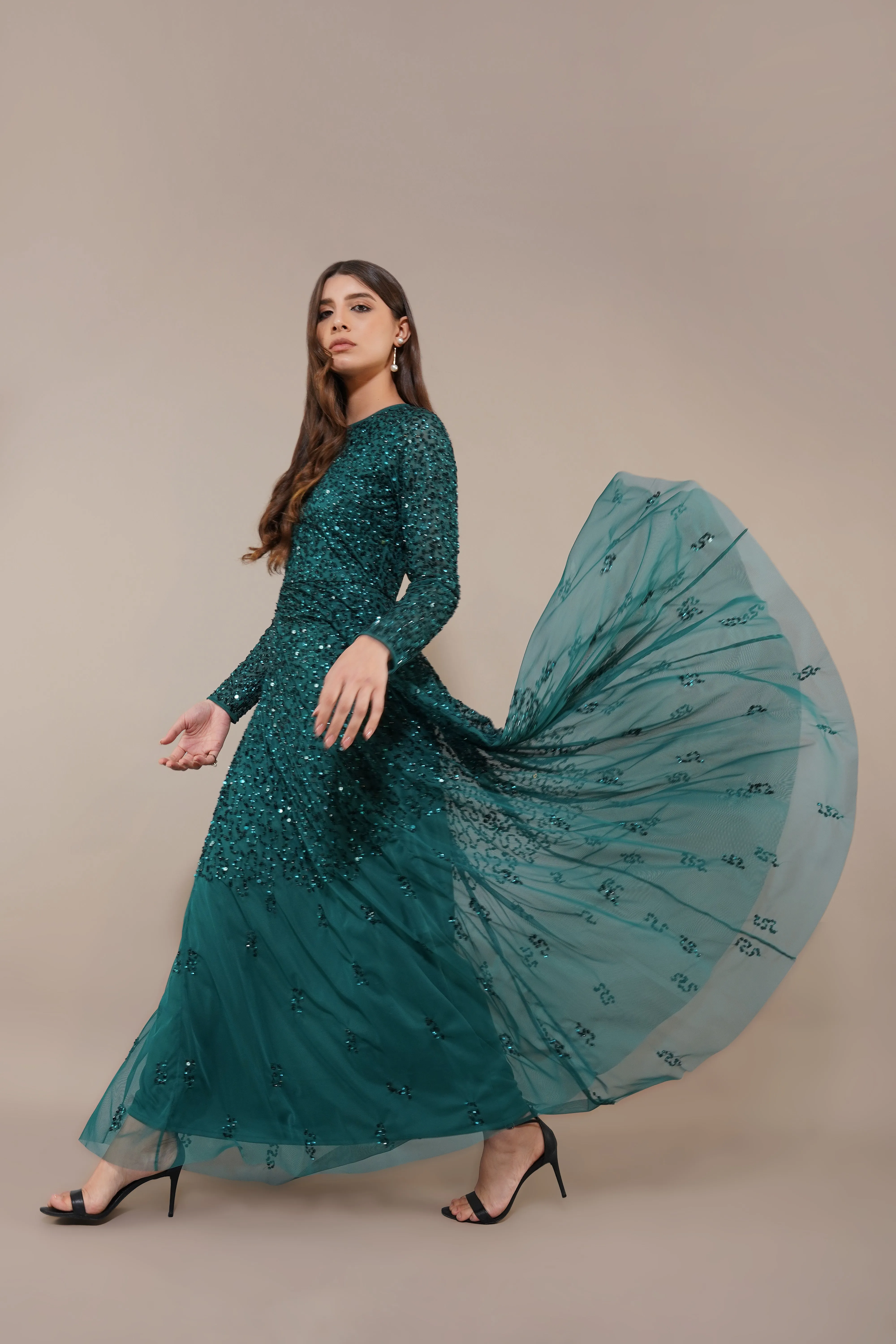 Sila Long Sleeve Embellished Maxi Dress in Emerald Green