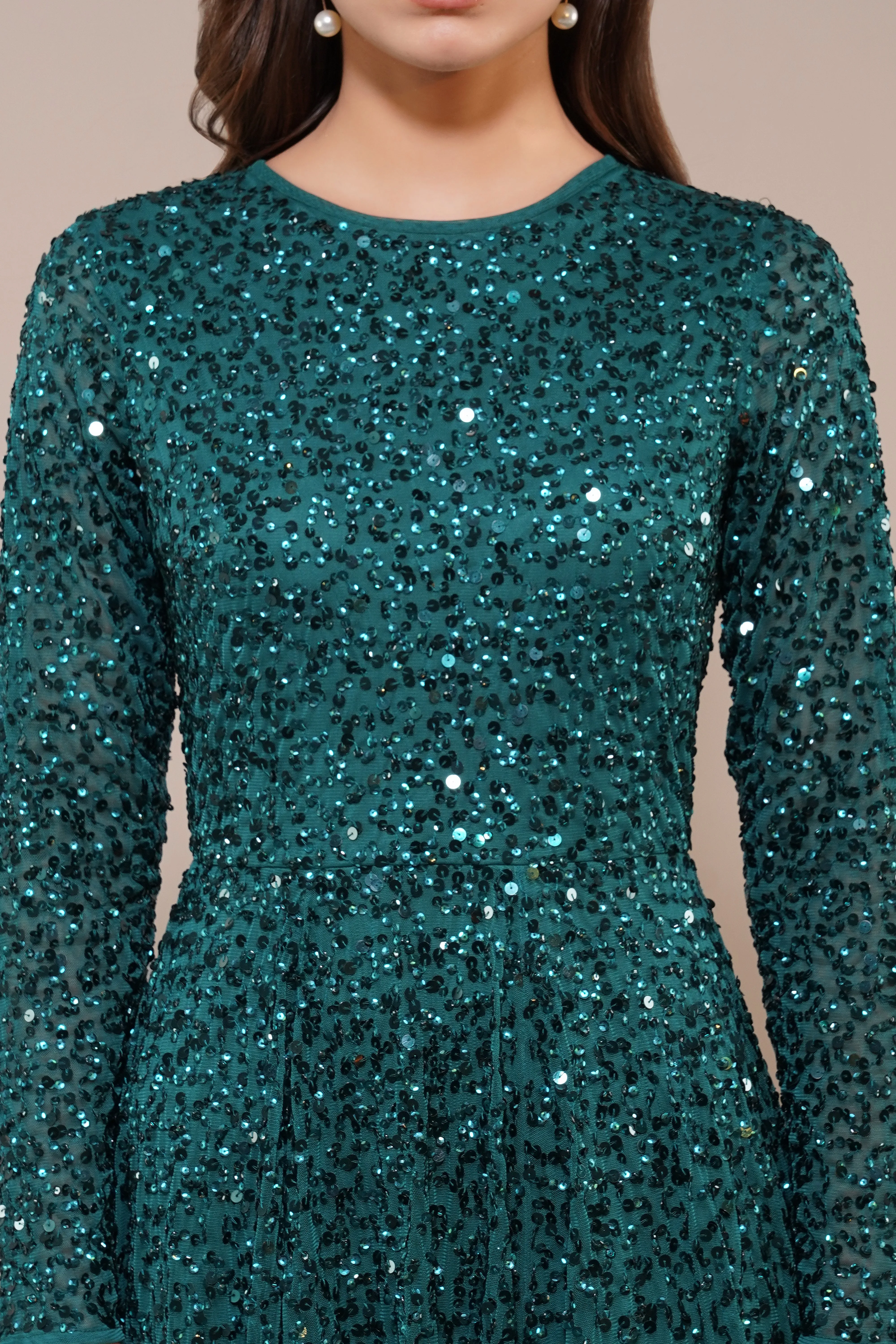 Sila Long Sleeve Embellished Maxi Dress in Emerald Green