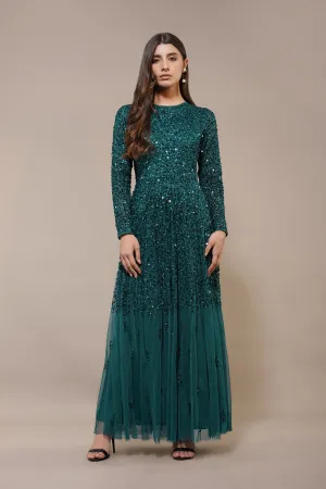 Sila Long Sleeve Embellished Maxi Dress in Emerald Green