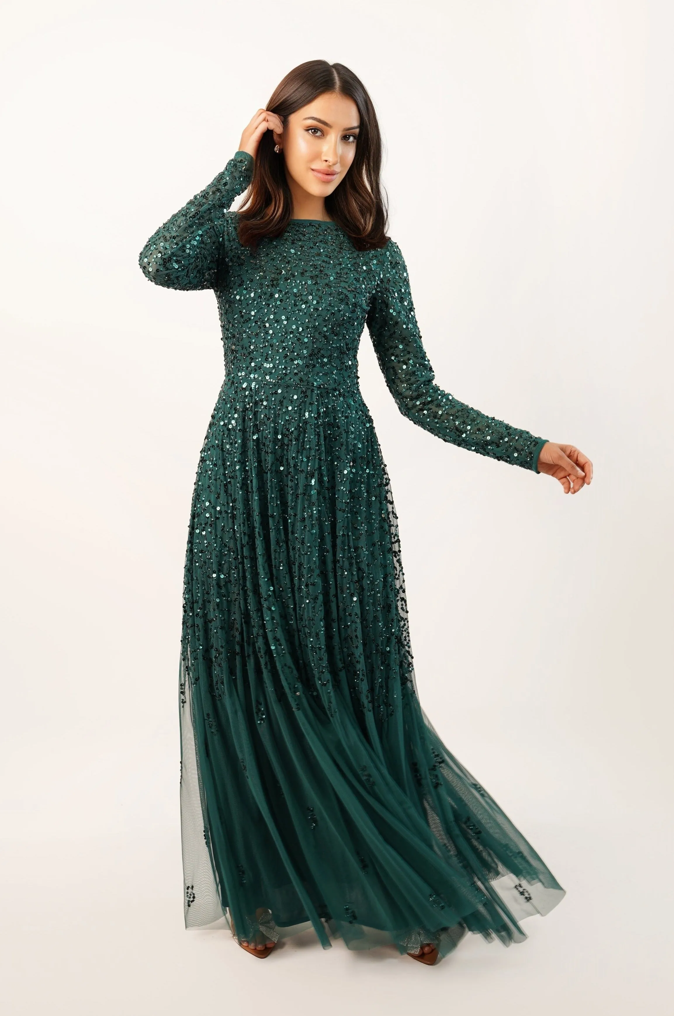 Sila Long Sleeve Embellished Maxi Dress in Emerald Green