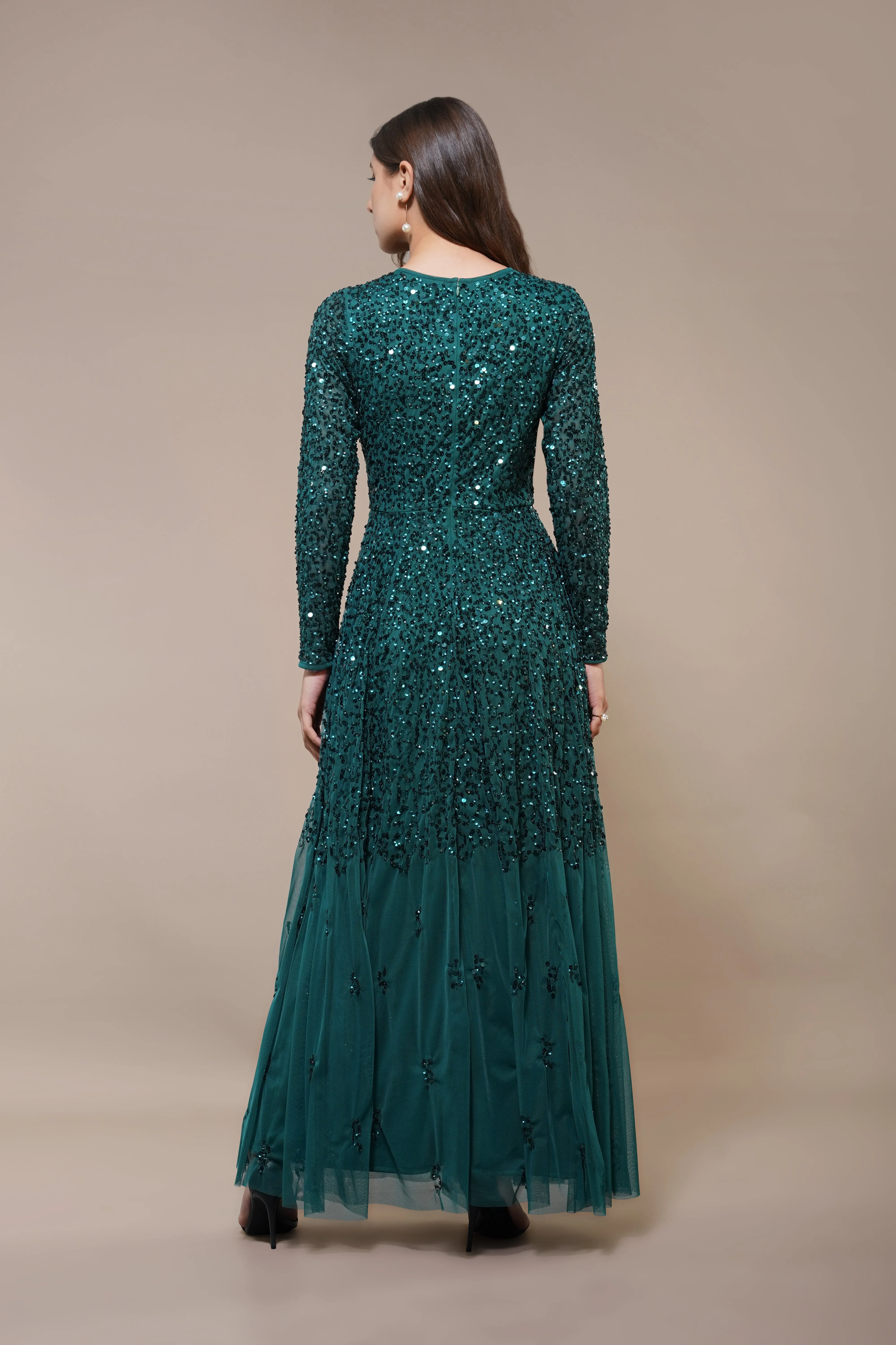 Sila Long Sleeve Embellished Maxi Dress in Emerald Green