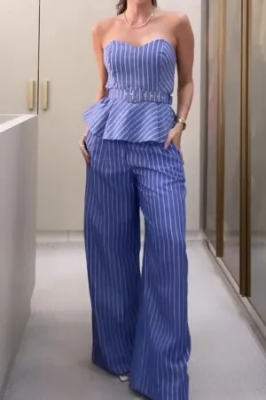 Striped printed tube top and casual pants suit