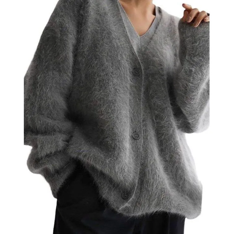 The Fuzzy Oversized Button Front Cardigan In Beige, Gray, Ivory Or Light Gray