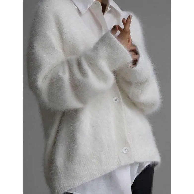 The Fuzzy Oversized Button Front Cardigan In Beige, Gray, Ivory Or Light Gray