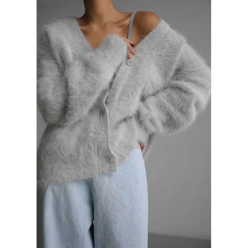 The Fuzzy Oversized Button Front Cardigan In Beige, Gray, Ivory Or Light Gray